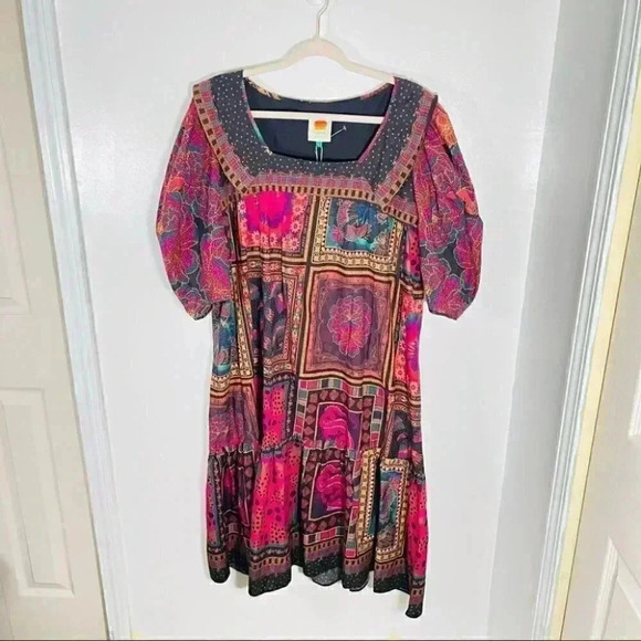 NEW Farm Rio Mixed Scarves Patchwork Frill Short Sleeve Midi Dress Bohemian - Picture 2 of 7